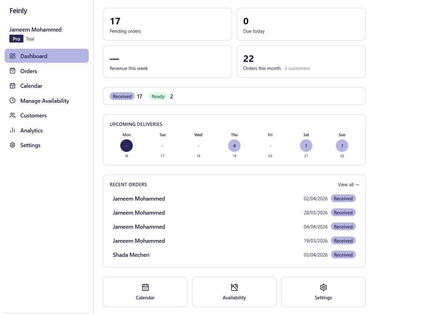 Feinly dashboard — manage orders, track revenue, update customer status